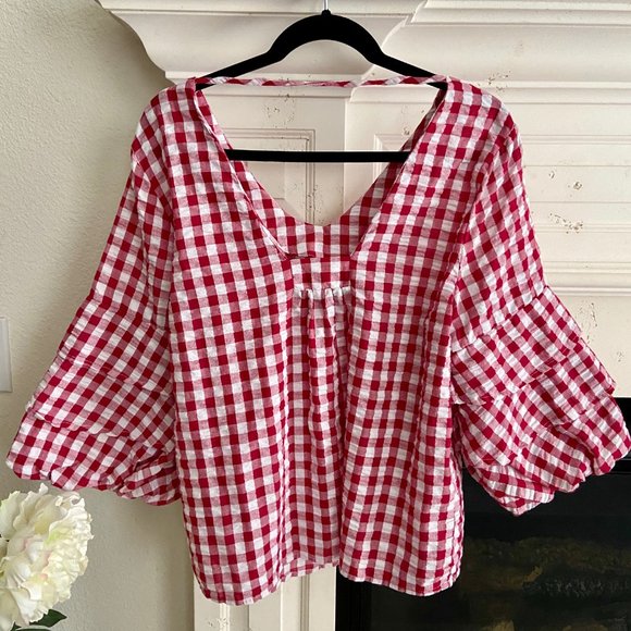 Gingham Ruffle Sleeve Open Back Top Red + White M - Picture 7 of 7